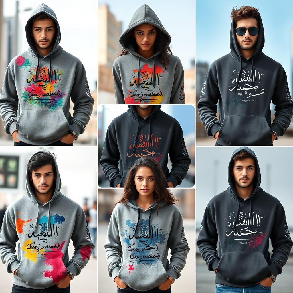 A diverse array of hoodies featuring freeform Urdu calligraphy designs, each displaying unique and expressive styles