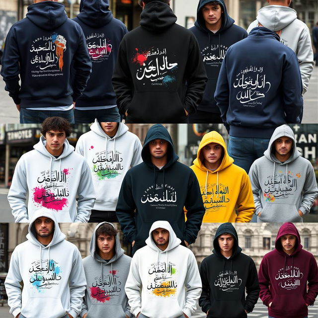 A diverse array of hoodies featuring freeform Urdu calligraphy designs, each displaying unique and expressive styles