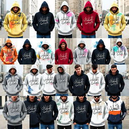 A diverse array of hoodies featuring freeform Urdu calligraphy designs, each displaying unique and expressive styles