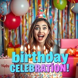 A vibrant and festive birthday celebration scene featuring a surprised young woman with a joyful expression