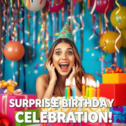 A vibrant and festive birthday celebration scene featuring a surprised young woman with a joyful expression