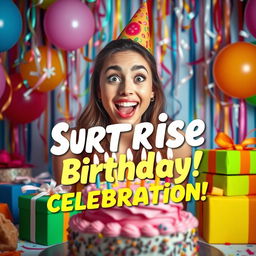 A vibrant and festive birthday celebration scene featuring a surprised young woman with a joyful expression