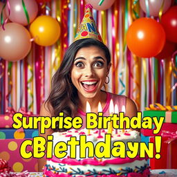 A vibrant and festive birthday celebration scene featuring a surprised young woman with a joyful expression