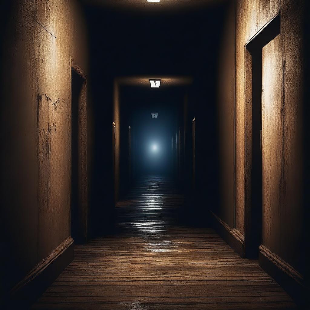 A high-quality digital art image depicting a dark, narrow corridor