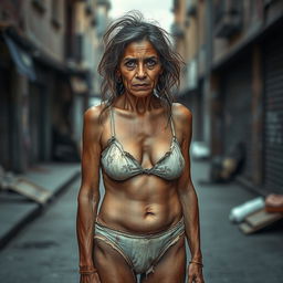A full-body portrait of a poor woman, dressed in worn and tattered underwear, looking disheveled and unkempt