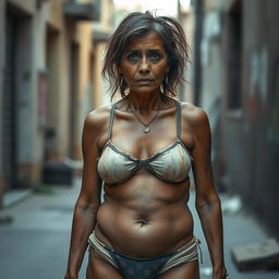 A full-body portrait of a poor woman, dressed in worn and tattered underwear, looking disheveled and unkempt