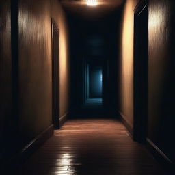 A high-quality digital art image depicting a dark, narrow corridor