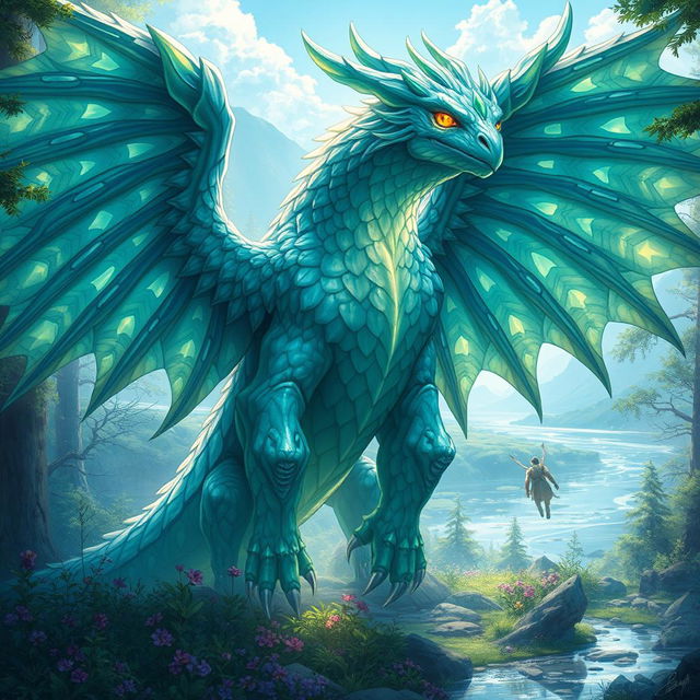 A large, detailed digital illustration of a mythical creature known as Bigsaltane, featuring an immense, muscular frame with shimmering, iridescent scales in various shades of blue and green