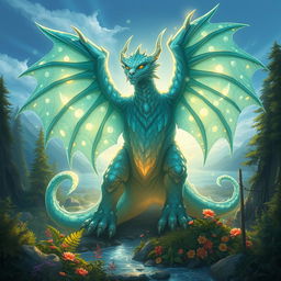 A large, detailed digital illustration of a mythical creature known as Bigsaltane, featuring an immense, muscular frame with shimmering, iridescent scales in various shades of blue and green