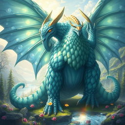 A large, detailed digital illustration of a mythical creature known as Bigsaltane, featuring an immense, muscular frame with shimmering, iridescent scales in various shades of blue and green