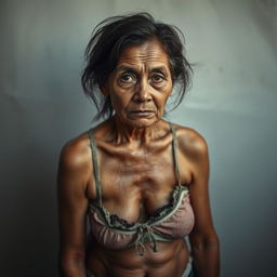 A full-body portrait of a poor woman with disheveled hair, wearing torn and dirty underwear