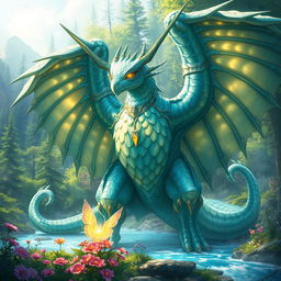 A large, detailed digital illustration of a mythical creature known as Bigsaltane, featuring an immense, muscular frame with shimmering, iridescent scales in various shades of blue and green