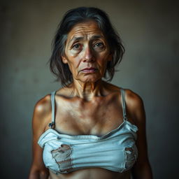 A full-body portrait of a poor woman with disheveled hair, wearing torn and dirty underwear