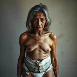 A full-body portrait of a poor woman with disheveled hair, wearing torn and dirty underwear