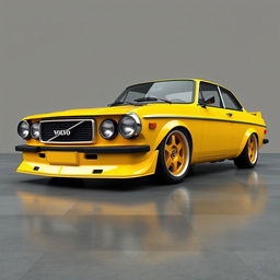 A digital rendering of a yellow 2-door 1972 Volvo 142 parked on a smooth concrete floor with a gray background