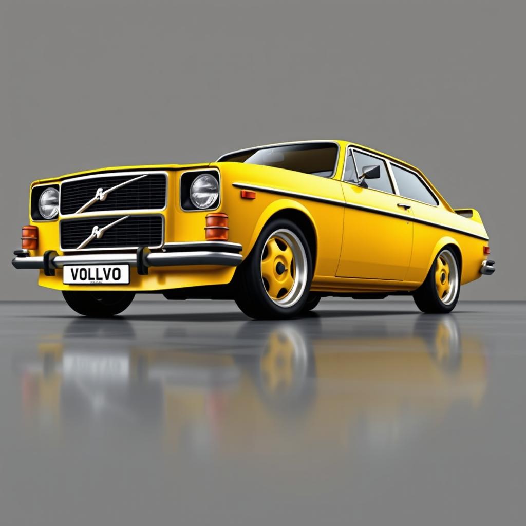 A digital rendering of a yellow 2-door 1972 Volvo 142 parked on a smooth concrete floor with a gray background