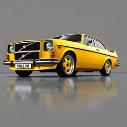 A digital rendering of a yellow 2-door 1972 Volvo 142 parked on a smooth concrete floor with a gray background