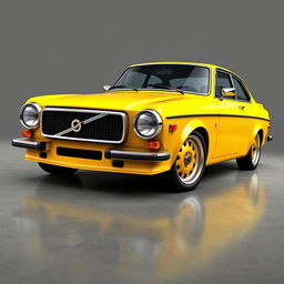 A digital rendering of a yellow 2-door 1972 Volvo 142 parked on a smooth concrete floor with a gray background