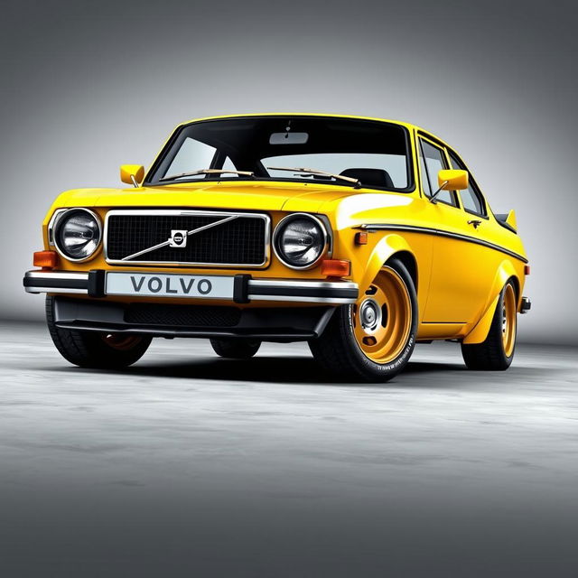 A digital rendering of a yellow 2-door 1972 Volvo 142 parked on a smooth concrete floor with a gray background