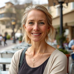 A full-height photograph of a woman aged 30 to 45 years with a natural appearance, featuring minimal makeup and well-groomed hair