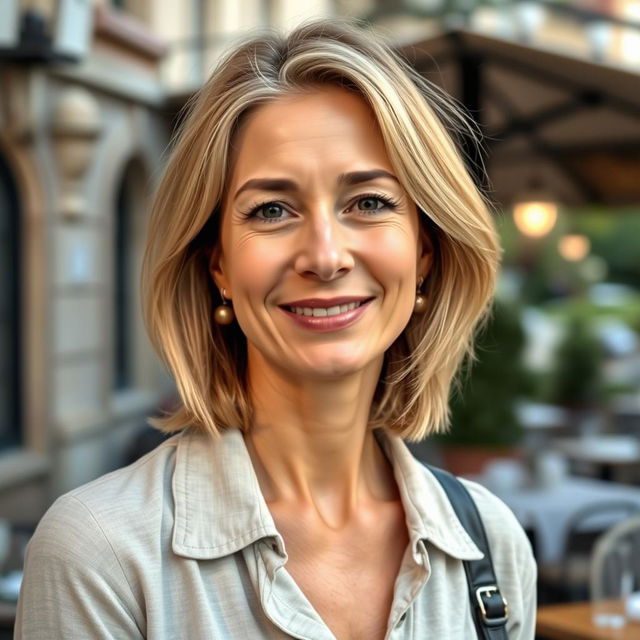 A full-height photograph of a woman aged 30 to 45 years with a natural appearance, featuring minimal makeup and well-groomed hair