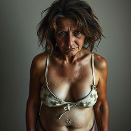 A full-body portrait of a 30-year-old poor woman with disheveled hair, wearing torn and dirty underwear