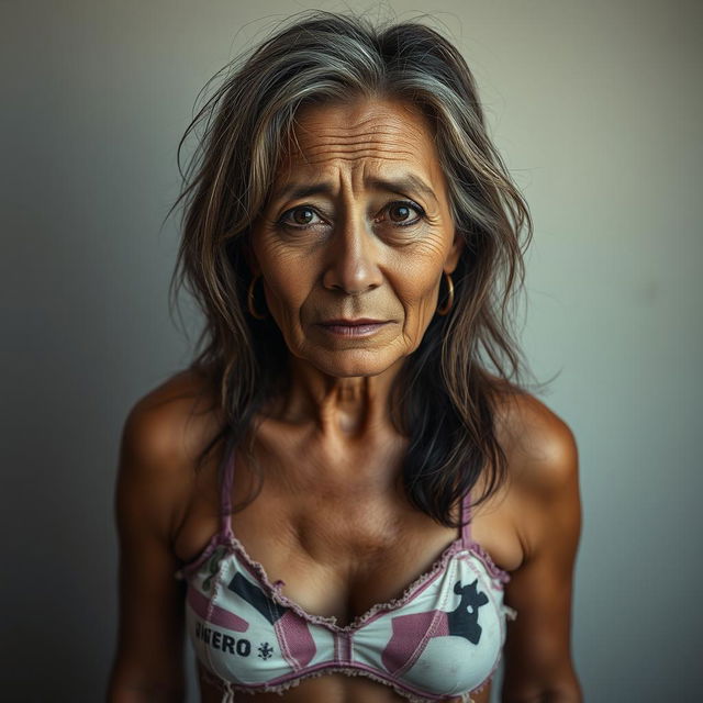 A full-body portrait of a 30-year-old poor woman with disheveled hair, wearing torn and dirty underwear