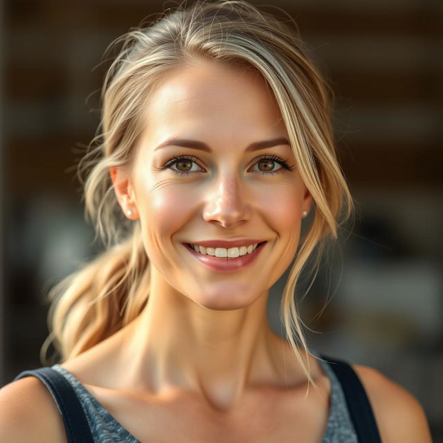 A full-length photo of a woman aged 30-35 with a natural appearance, featuring minimal makeup and well-groomed hair