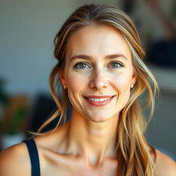 A full-length photo of a woman aged 30-35 with a natural appearance, featuring minimal makeup and well-groomed hair