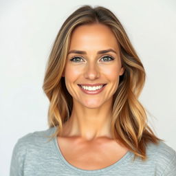 A full-length photo of a woman aged 30-35 with a natural appearance, featuring minimal makeup and well-groomed hair