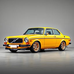 A vibrant digital rendering of a yellow 2-door 1972 Volvo 142 parked on a smooth concrete floor with a gray background