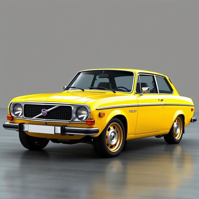 A vibrant digital rendering of a yellow 2-door 1972 Volvo 142 parked on a smooth concrete floor with a gray background