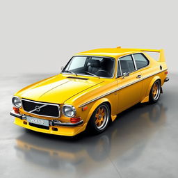 A vibrant digital rendering of a yellow 2-door 1972 Volvo 142 parked on a smooth concrete floor with a gray background