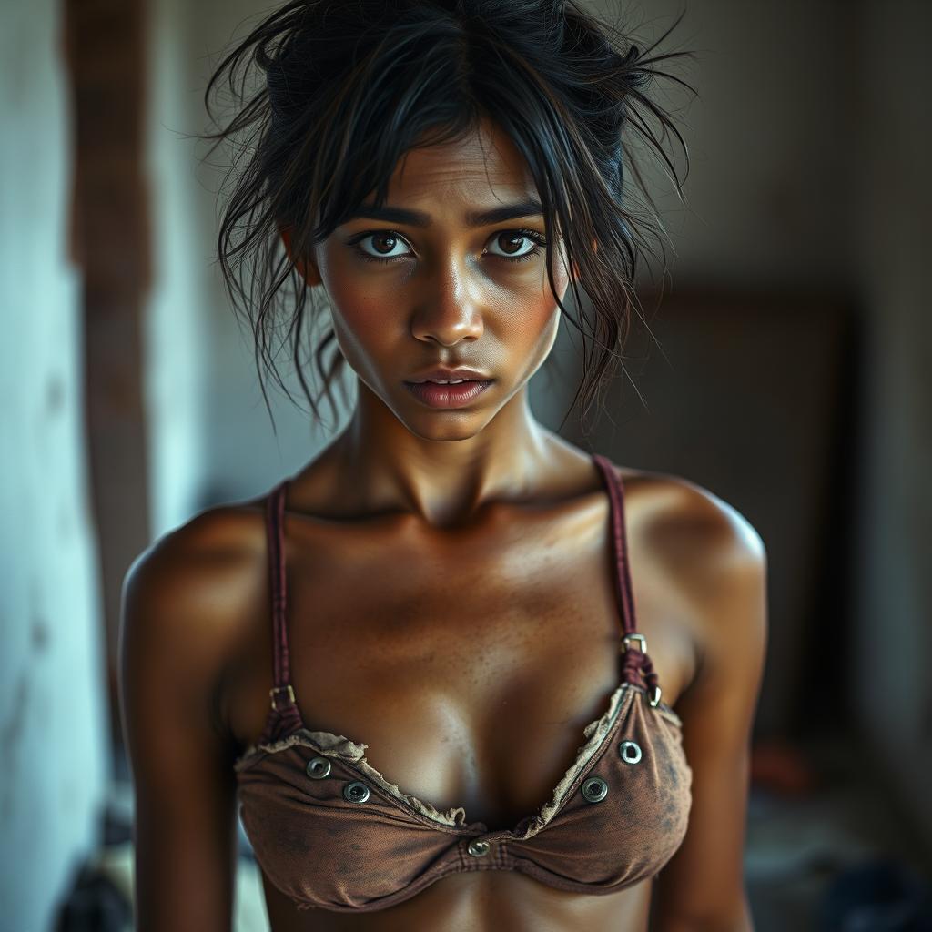 A full-body portrait of a 20-year-old poor woman with disheveled hair, wearing torn and dirty underwear