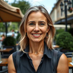 A full-height photograph of a woman aged 30 to 45 years with a natural appearance, featuring minimal makeup and well-groomed hair