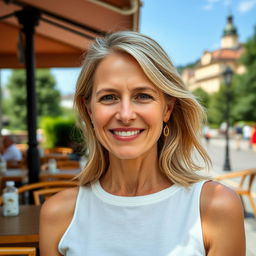 A full-height photograph of a woman aged 30 to 45 years with a natural appearance, featuring minimal makeup and well-groomed hair