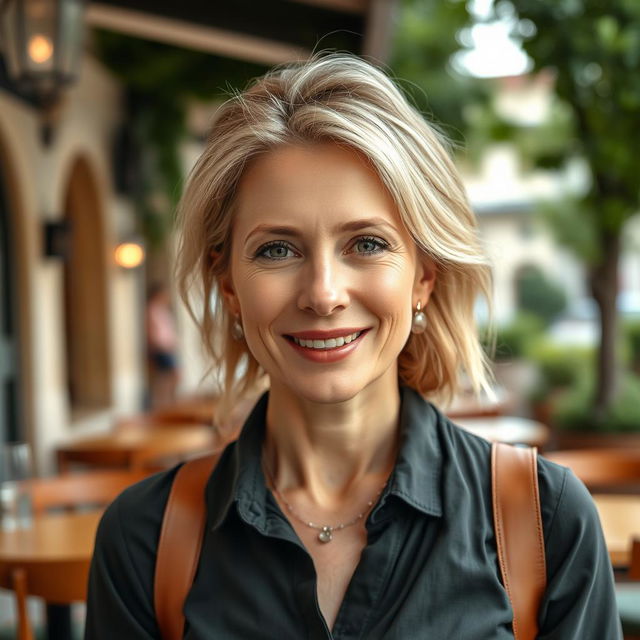 A full-height photograph of a woman aged 30 to 45 years with a natural appearance, featuring minimal makeup and well-groomed hair