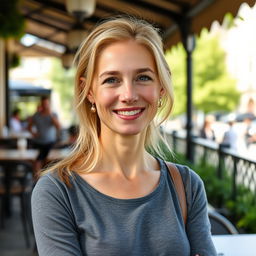 A full-height photograph of a woman aged 30 to 45 years with a natural appearance, featuring minimal makeup and well-groomed hair