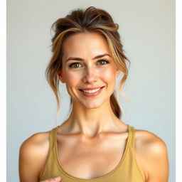 A full-length photo of a woman aged 30-35 with a natural appearance, showcasing minimal makeup and well-groomed hair