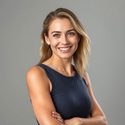 A full-length photo of a woman aged 30-35 with a natural appearance, showcasing minimal makeup and well-groomed hair