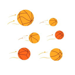 A flat minimalist design featuring abstract basketballs in motion, represented as smooth circles with subtle color variations of orange, yellow, and red