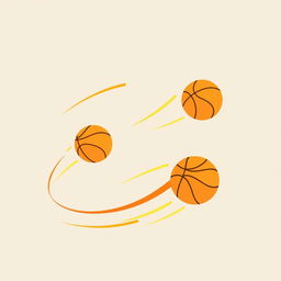 A flat minimalist design featuring abstract basketballs in motion, illustrated as smooth circles with subtle variations in colors such as orange, yellow, and red