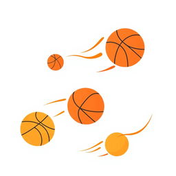 A flat minimalist design featuring abstract basketballs in motion, illustrated as smooth circles with subtle variations in colors such as orange, yellow, and red