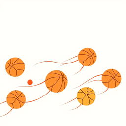 A flat minimalist design featuring abstract basketballs in motion, illustrated as smooth circles with subtle variations in colors such as orange, yellow, and red