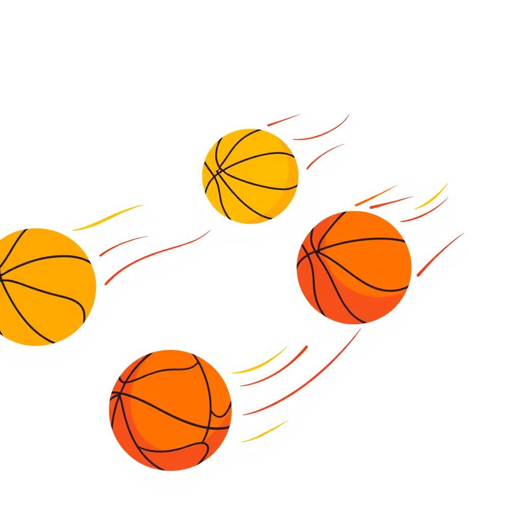 A flat minimalist design featuring abstract basketballs in motion, illustrated as smooth circles with subtle variations in colors such as orange, yellow, and red