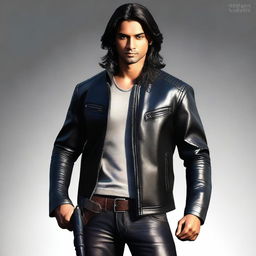 This is a realistic digital art image of a handsome young Indian man with long hair