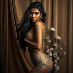 A stunning portrayal of a fashionable female model resembling a South Asian descent, exuding elegance and confidence