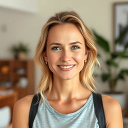 A full-length photo of a woman aged 30-35 with a natural appearance, showcasing minimal makeup and well-groomed hair