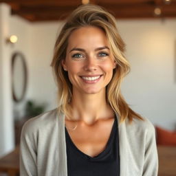 A full-length photo of a woman aged 30-35 with a natural appearance, showcasing minimal makeup and well-groomed hair
