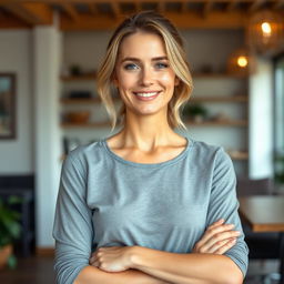 A full-length photo of a woman aged 30-35 with a natural appearance, showcasing minimal makeup and well-groomed hair